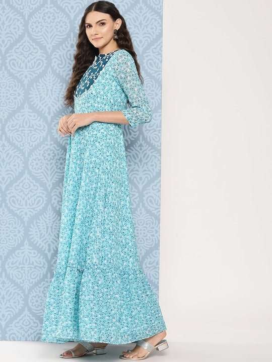Women Floral Embroidered Sequined Georgette Maxi Dress - Inddus.com