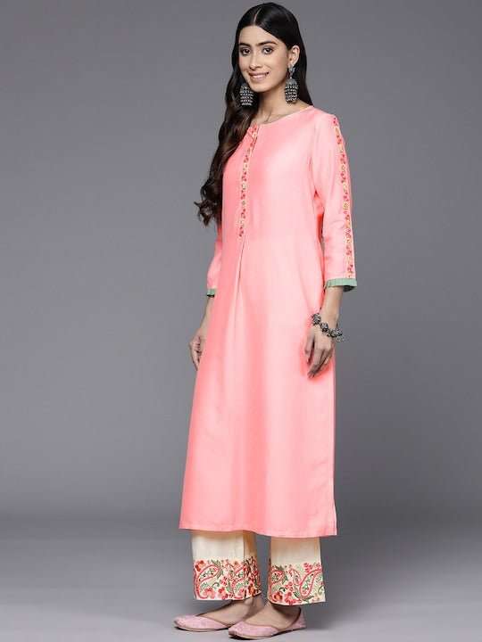 Women Floral Embroidered Thread Work Kurta with Palazzos & With Dupatta - Inddus.com