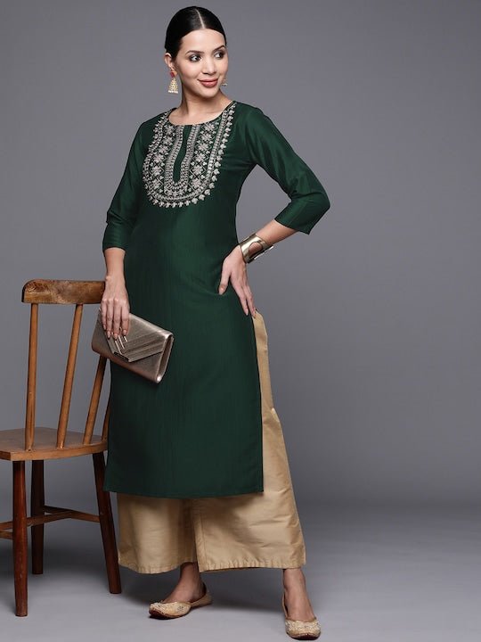 Women Floral Embroidered Yoke Design Kantha Work Kurta - Inddus.com