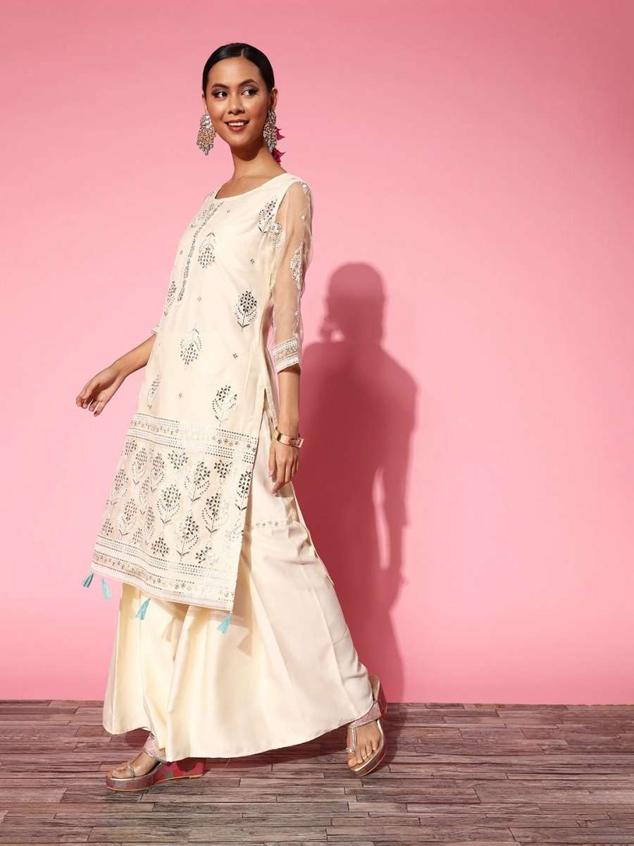 Women Floral Organza Ethereal Embroidery Kurta Set - Inddus.com