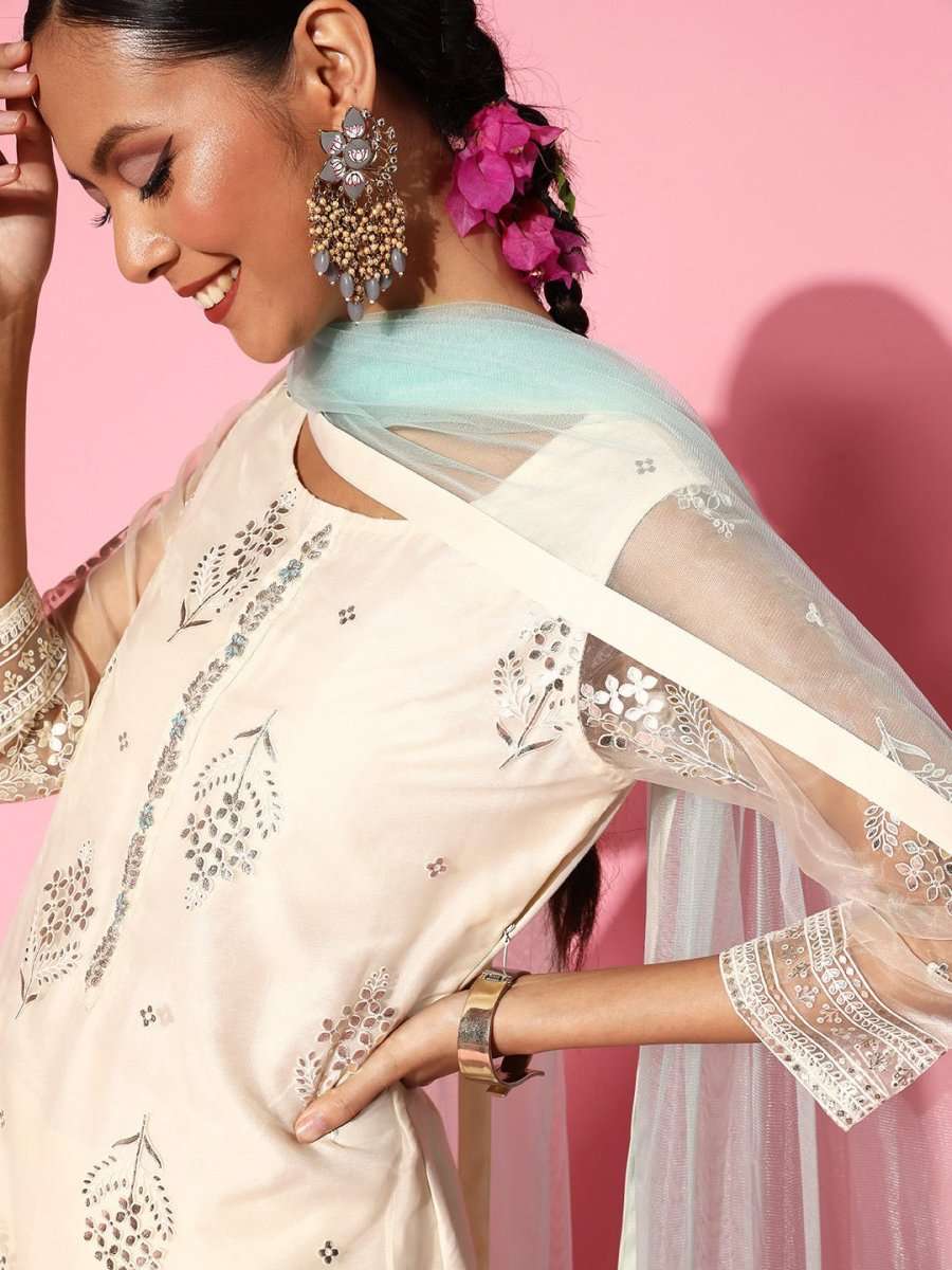 Women Floral Organza Ethereal Embroidery Kurta Set - Inddus.com