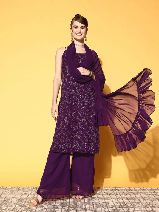 Women Floral Poly Georgette Ethereal Embroidery Kurta Set - Inddus.com