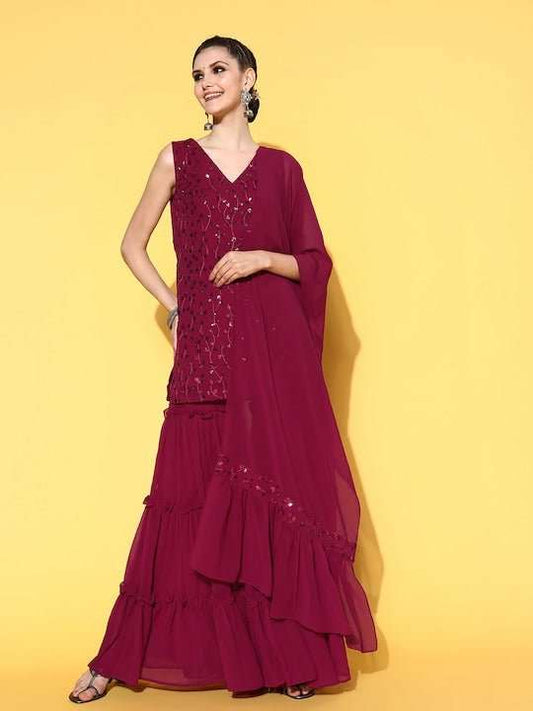 Women Floral Poly-Georgette Shimmer & Sequin Kurta Set - Inddus.com