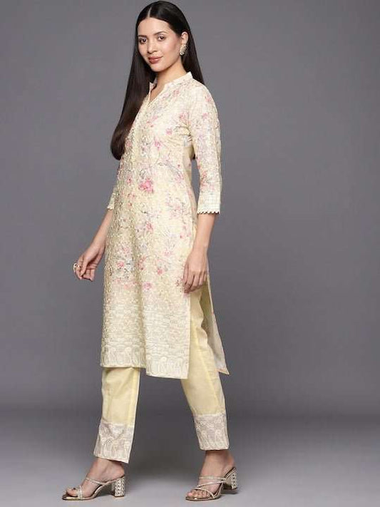 Women Floral Print with Embroidery Chikankari Cotton Kurta with Trousers - Inddus.com