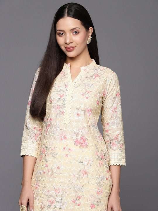 Women Floral Print with Embroidery Chikankari Cotton Kurta with Trousers - Inddus.com