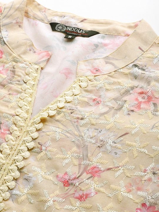 Women Floral Print with Embroidery Chikankari Cotton Kurta with Trousers - Inddus.com