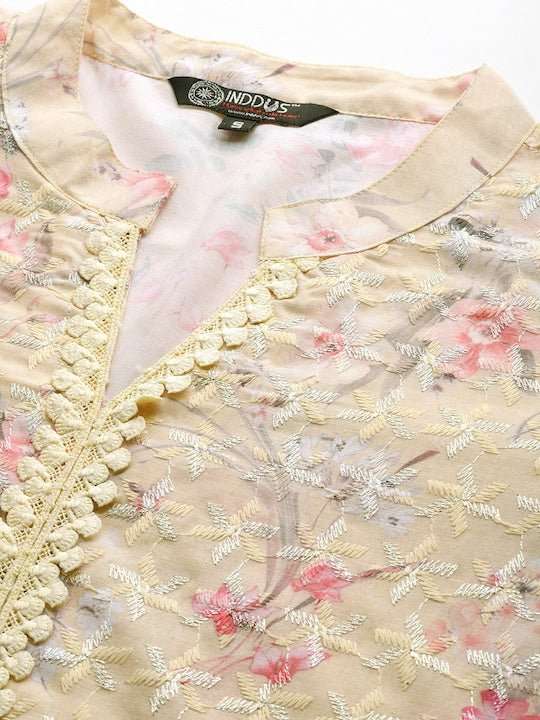 Women Floral Print with Embroidery Chikankari Cotton Kurta with Trousers - Inddus.com