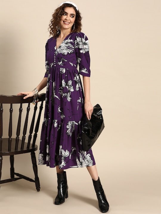 Women Floral Printed A-Line Dress - Inddus.com