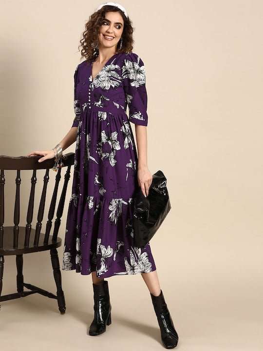 Women Floral Printed A-Line Dress - Inddus.com