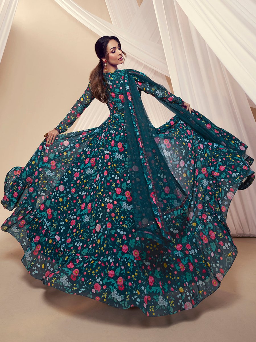 Women Floral Printed and Thread Embroidered Lace Kurta with Dupatta - Inddus.com