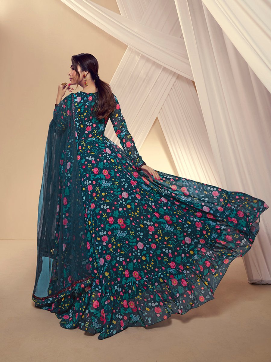 Women Floral Printed and Thread Embroidered Lace Kurta with Dupatta - Inddus.com