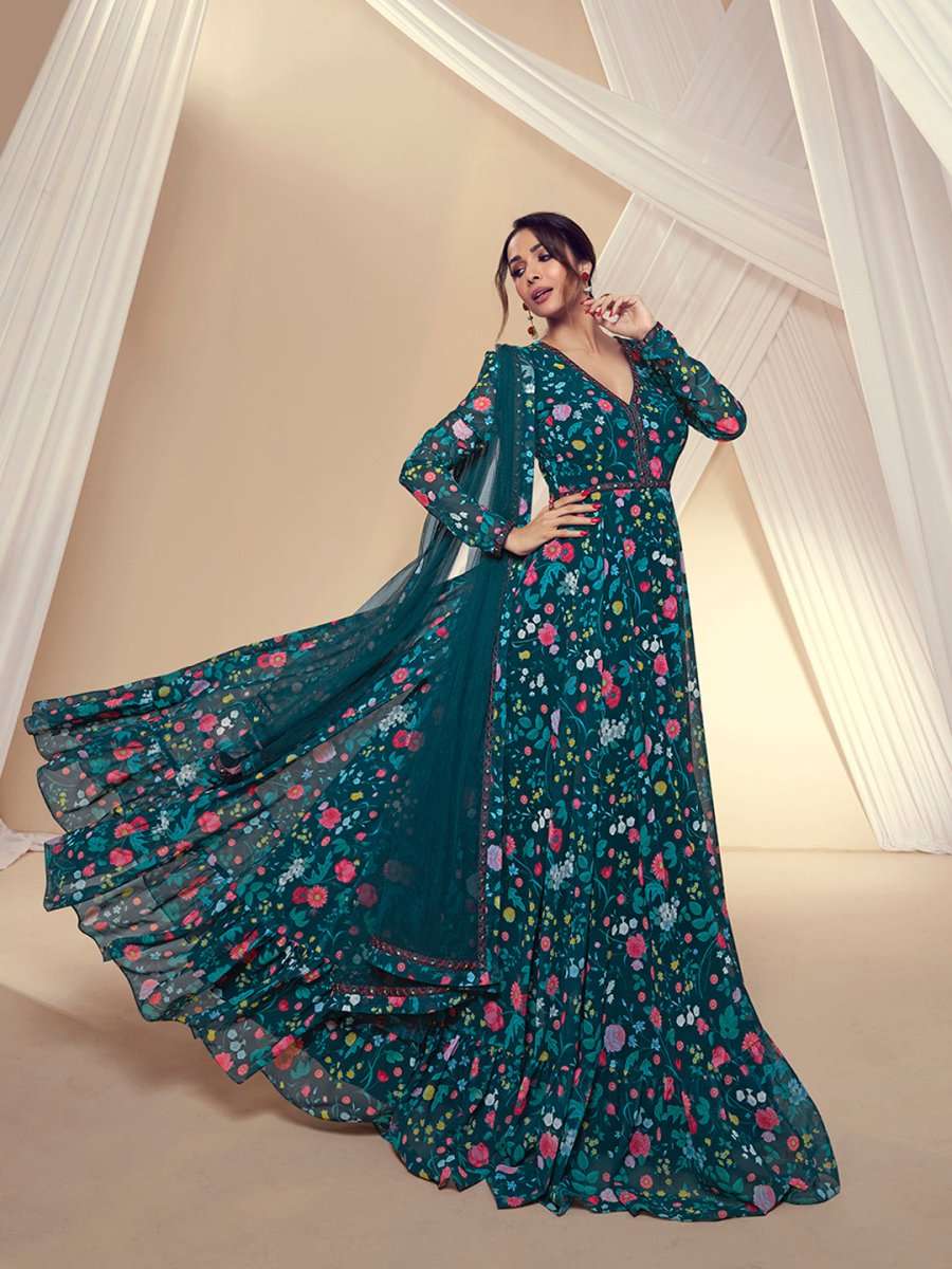 Women Floral Printed and Thread Embroidered Lace Kurta with Dupatta - Inddus.com