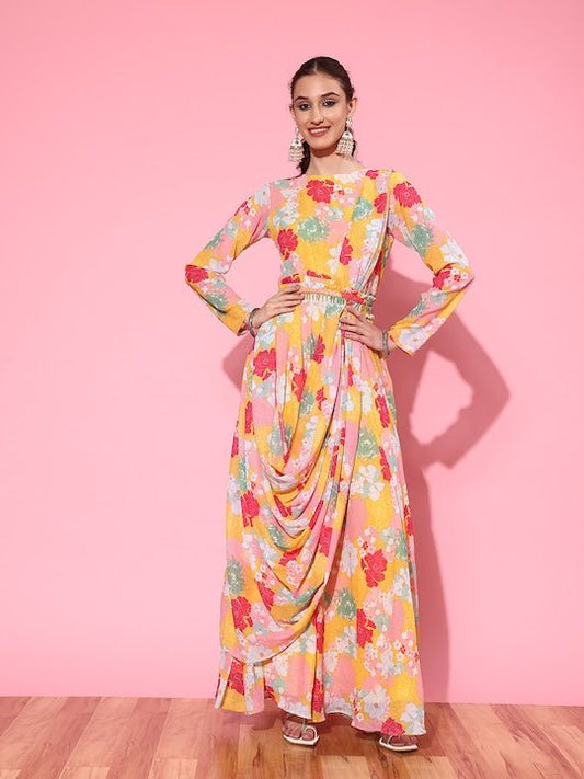 Women Floral Printed Belted Dress - Inddus.com