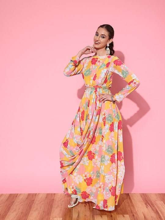 Women Floral Printed Belted Dress - Inddus.com