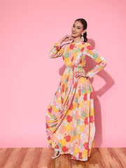Women Floral Printed Belted Dress - Inddus.com