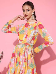 Women Floral Printed Belted Dress - Inddus.com