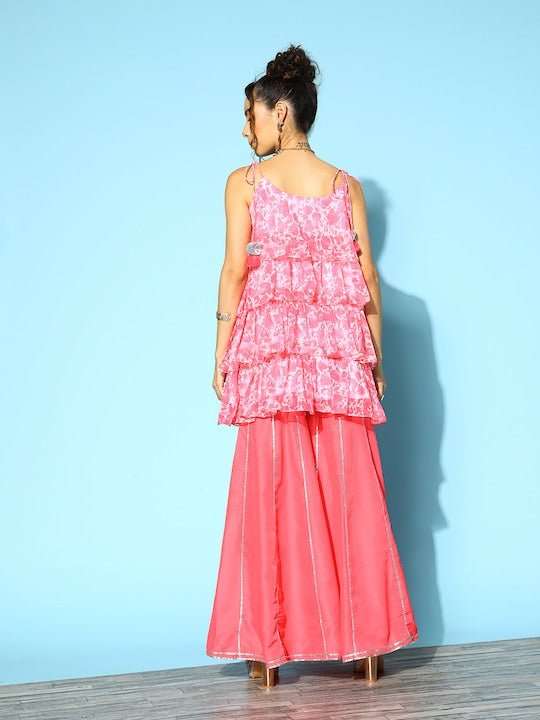 Women Floral Printed Layered Kurta with Sharara - Inddus.com