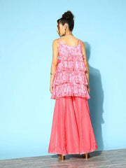 Women Floral Printed Layered Kurta with Sharara - Inddus.com