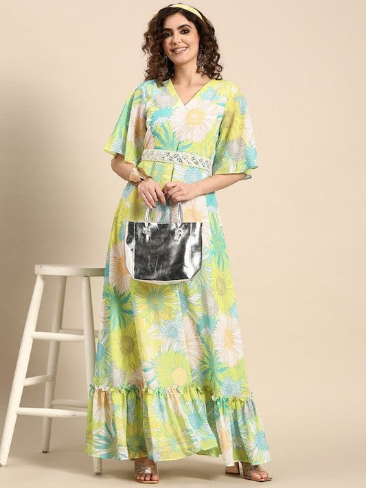 Women Floral Printed Maxi Dress with Embroidered Belt - Inddus.com