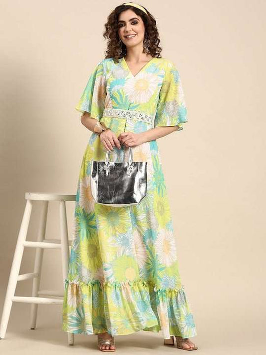 Women Floral Printed Maxi Dress with Embroidered Belt - Inddus.com