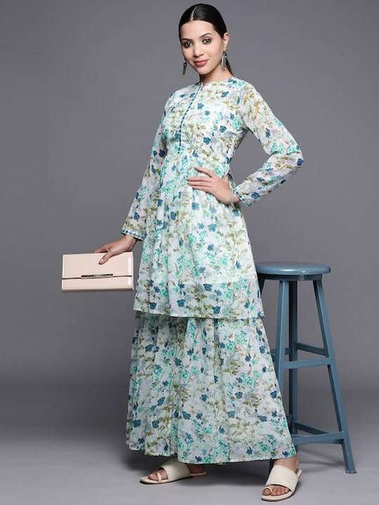 Women Floral Printed Mirror Work Kurta With Sharara - Inddus.com