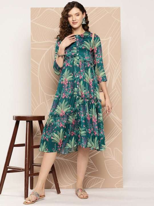 Women Floral Printed Ruffle A-Line Midi Dress Custom Measurement Women Floral Printed Ruffle A-Line Midi Dress Custom Measurement