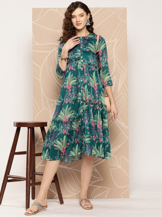 Women Floral Printed Ruffle A-Line Midi Dress - Inddus.com