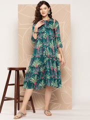 Women Floral Printed Ruffle A-Line Midi Dress - Inddus.com