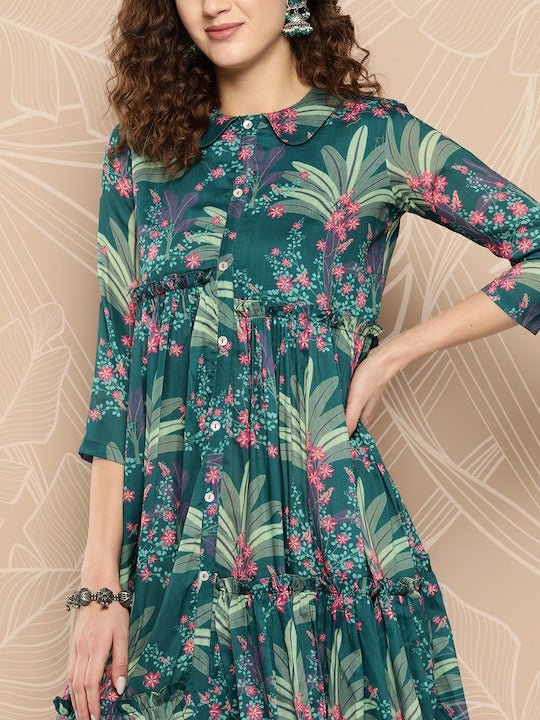 Women Floral Printed Ruffle A-Line Midi Dress - Inddus.com