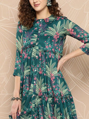 Women Floral Printed Ruffle A-Line Midi Dress - Inddus.com
