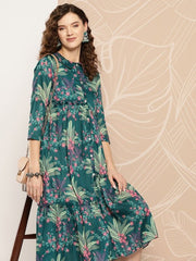 Women Floral Printed Ruffle A-Line Midi Dress - Inddus.com