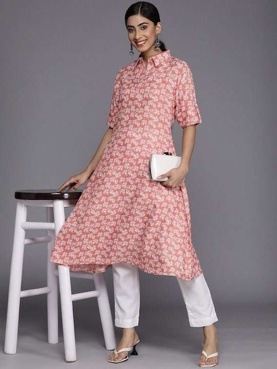 Women Floral Printed Shirt Collar Kurta With Trousers - Inddus.com