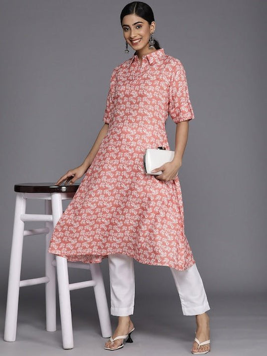 Women Floral Printed Shirt Collar Kurta With Trousers - Inddus.com