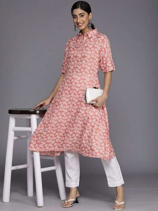 Women Floral Printed Shirt Collar Kurta With Trousers - Inddus.com