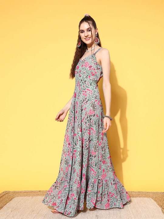 Women Floral Printed Tiering Georgette Kurta With Dupatta - Inddus.com