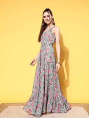 Women Floral Printed Tiering Georgette Kurta With Dupatta - Inddus.com