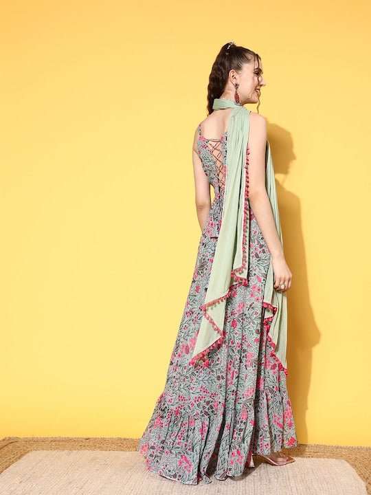 Women Floral Printed Tiering Georgette Kurta With Dupatta - Inddus.com