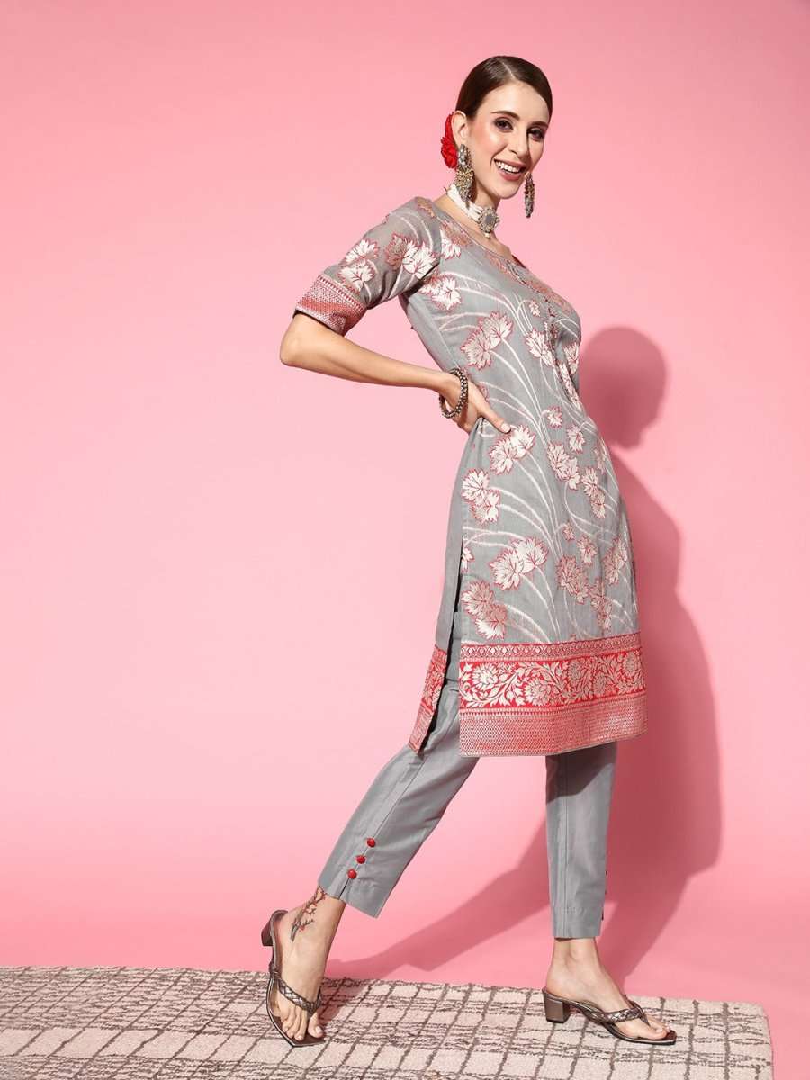 Women Floral Silk Blend Ethereal Embroidery Kurta Set - Inddus.com