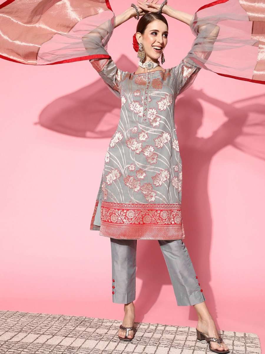 Women Floral Silk Blend Ethereal Embroidery Kurta Set - Inddus.com
