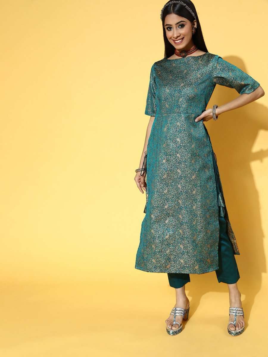 Women Floral Silk Blend Ethereal Embroidery Kurta Set - Inddus.com
