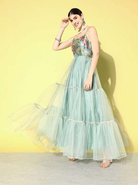 Women Floral Thread Work Embroidered Ethnic Dress - Inddus.com