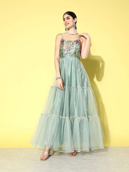 Women Floral Thread Work Embroidered Ethnic Dress - Inddus.com