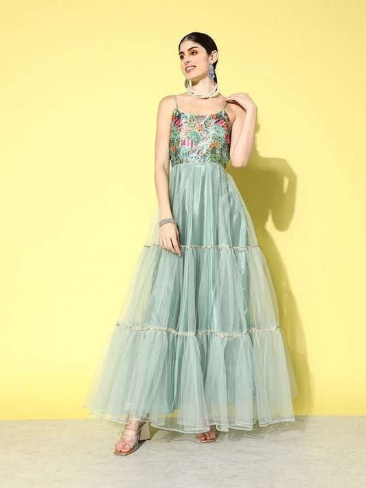 Women Floral Thread Work Embroidered Ethnic Dress - Inddus.com