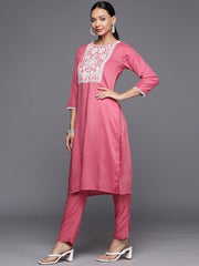 Women Floral Yoke Design Regular Thread Work Kurta with Trousers - Inddus.com
