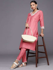 Women Floral Yoke Design Regular Thread Work Kurta with Trousers - Inddus.com