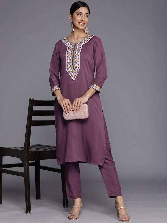 Women Floral Yoke Design Thread Work Kurta With Trousers - Inddus.com
