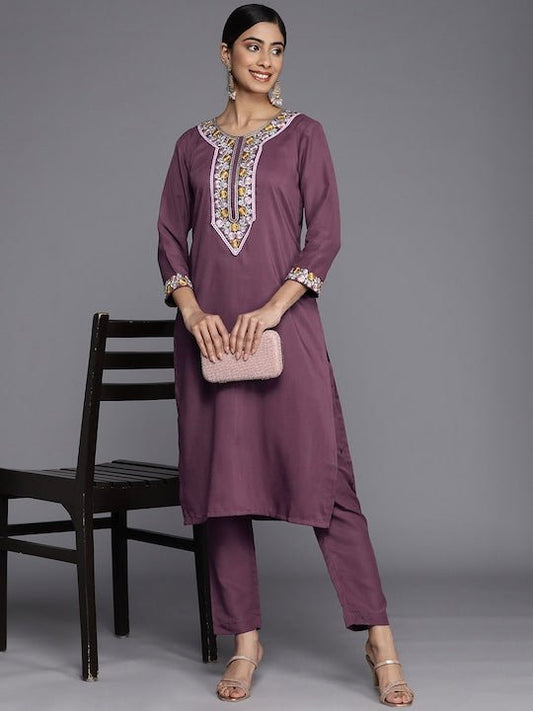 Women Floral Yoke Design Thread Work Kurta With Trousers - Inddus.com