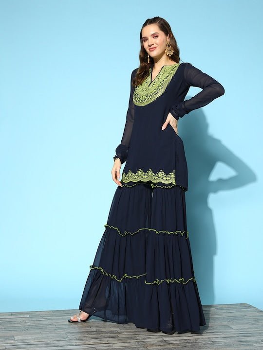Women Floral Yoke Design Thread Work Kurti With Sharara & With Dupatta - Inddus.com