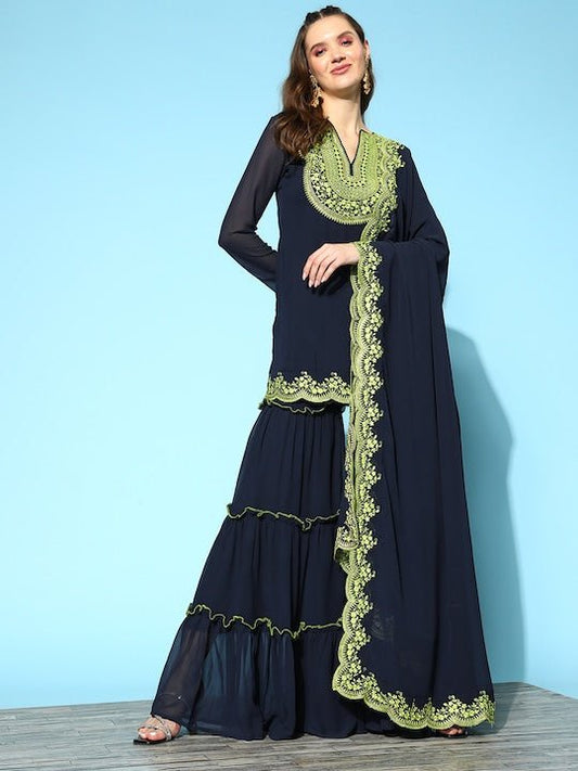 Women Floral Yoke Design Thread Work Kurti With Sharara & With Dupatta - Inddus.com