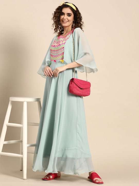 Women Geometric Ethereal Embroidery Dress - Inddus.com